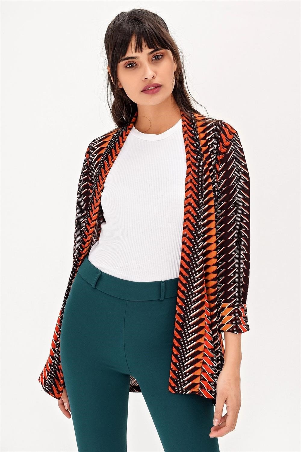 Kadın Çok Renkli Ceket Yaka Truvakar Kol Desenli Çok Renkli Regular Kesim Standart Boy Kimono Ceket