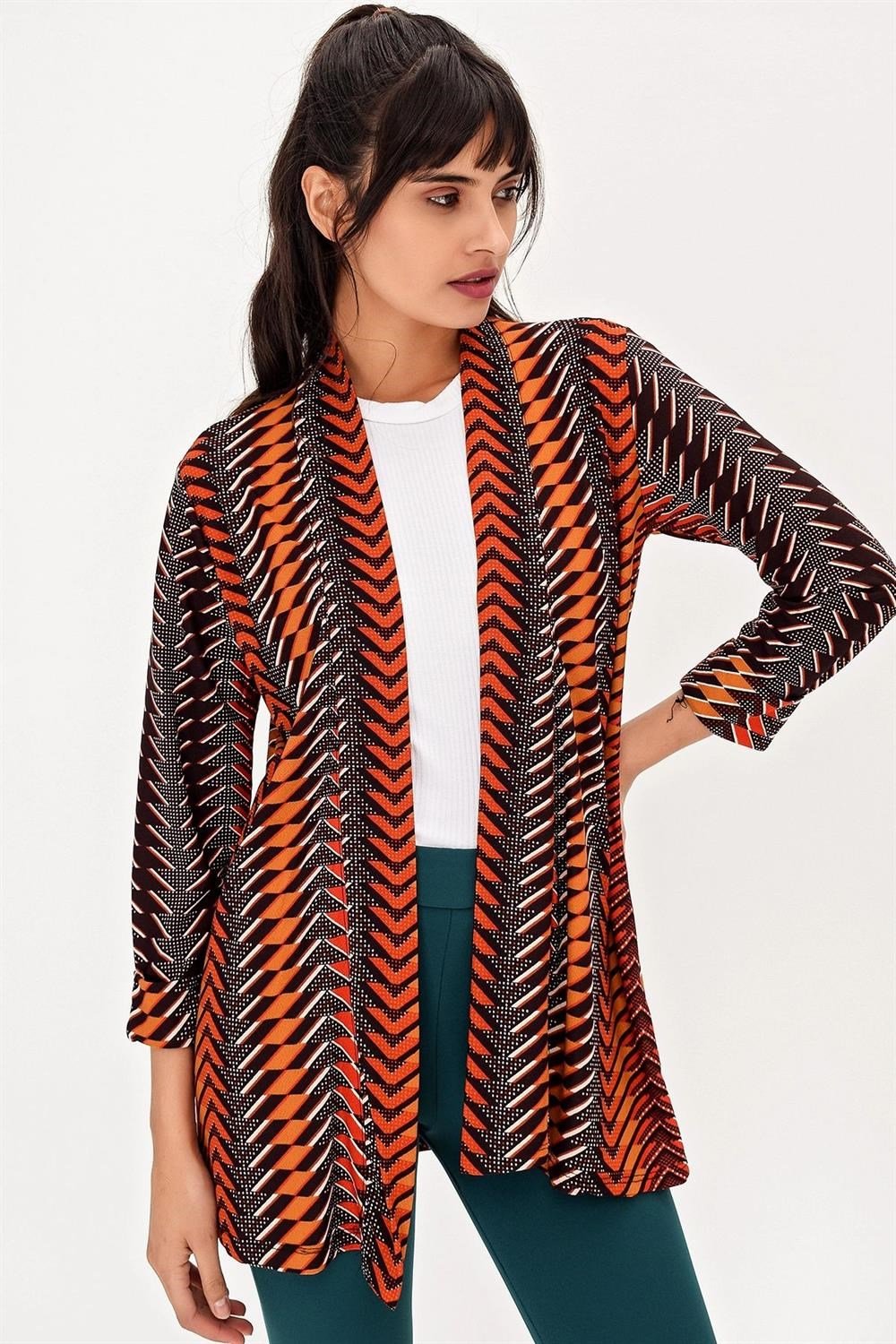 Kadın Çok Renkli Ceket Yaka Truvakar Kol Desenli Çok Renkli Regular Kesim Standart Boy Kimono Ceket