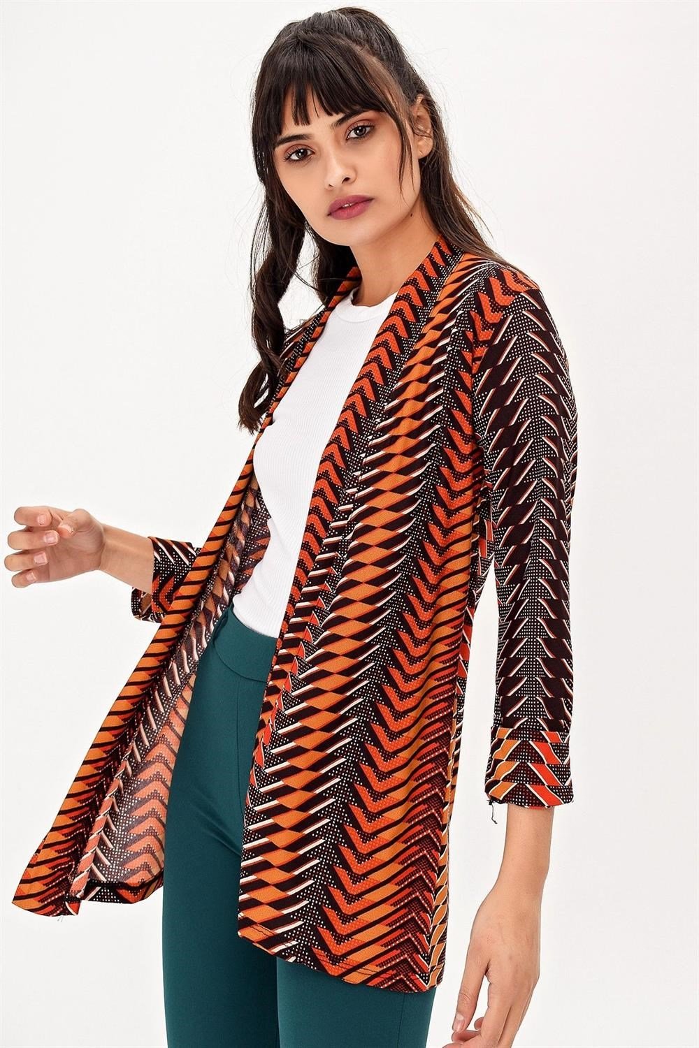 Kadın Çok Renkli Ceket Yaka Truvakar Kol Desenli Çok Renkli Regular Kesim Standart Boy Kimono Ceket