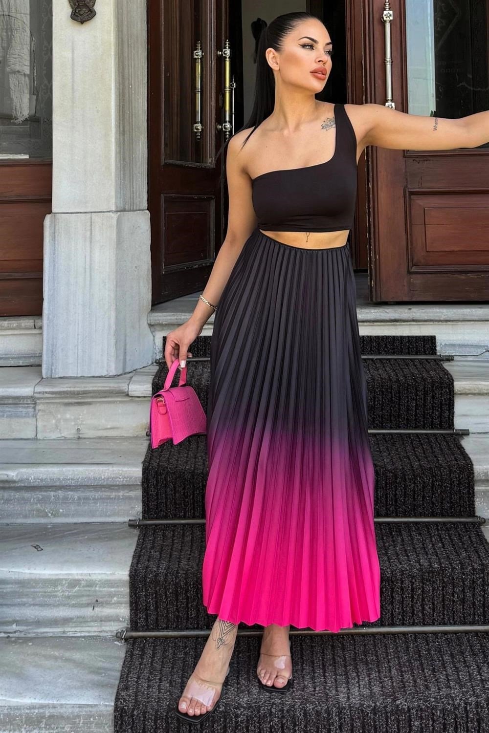 Kadın Fuşya & Siyah Ombre Desen, Pilili Maxi Etek