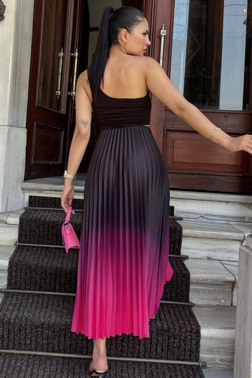 Kadın Fuşya & Siyah Ombre Desen, Pilili Maxi Etek