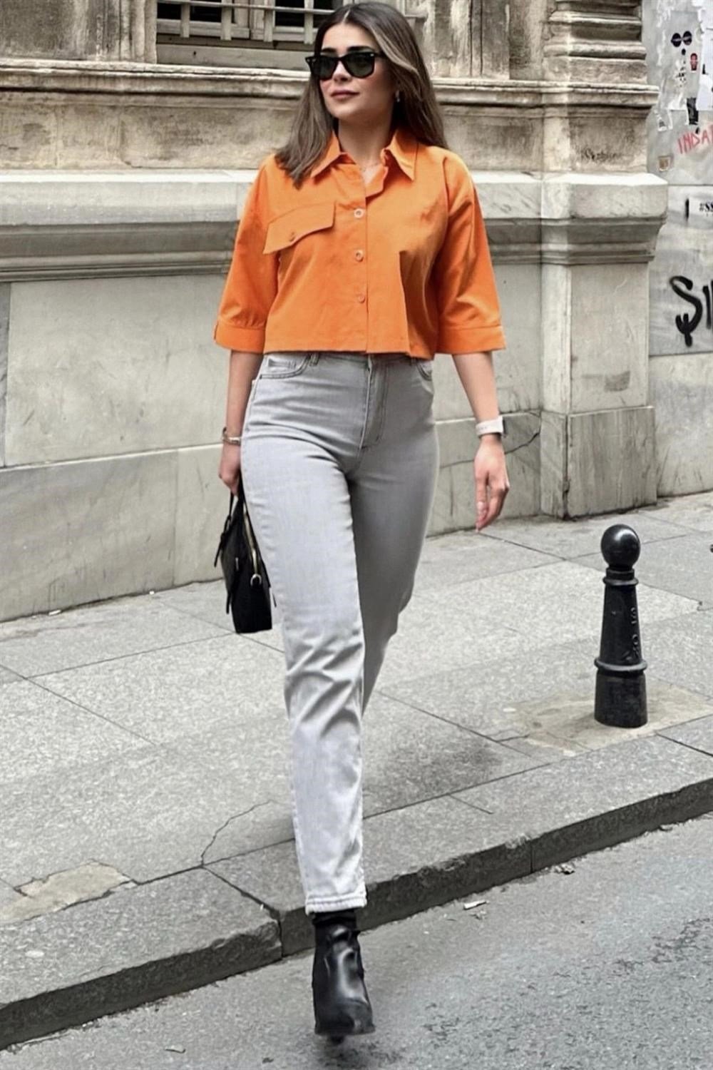 Kadın Gri Yüksek Bel, Rahat Kesim, Boru Paça, Skinny Kot Pantolon - Jeans