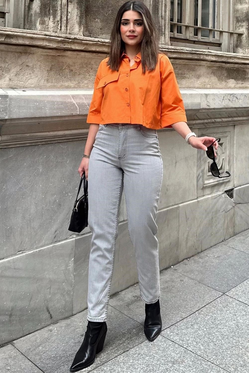 Kadın Gri Yüksek Bel, Rahat Kesim, Boru Paça, Skinny Kot Pantolon - Jeans