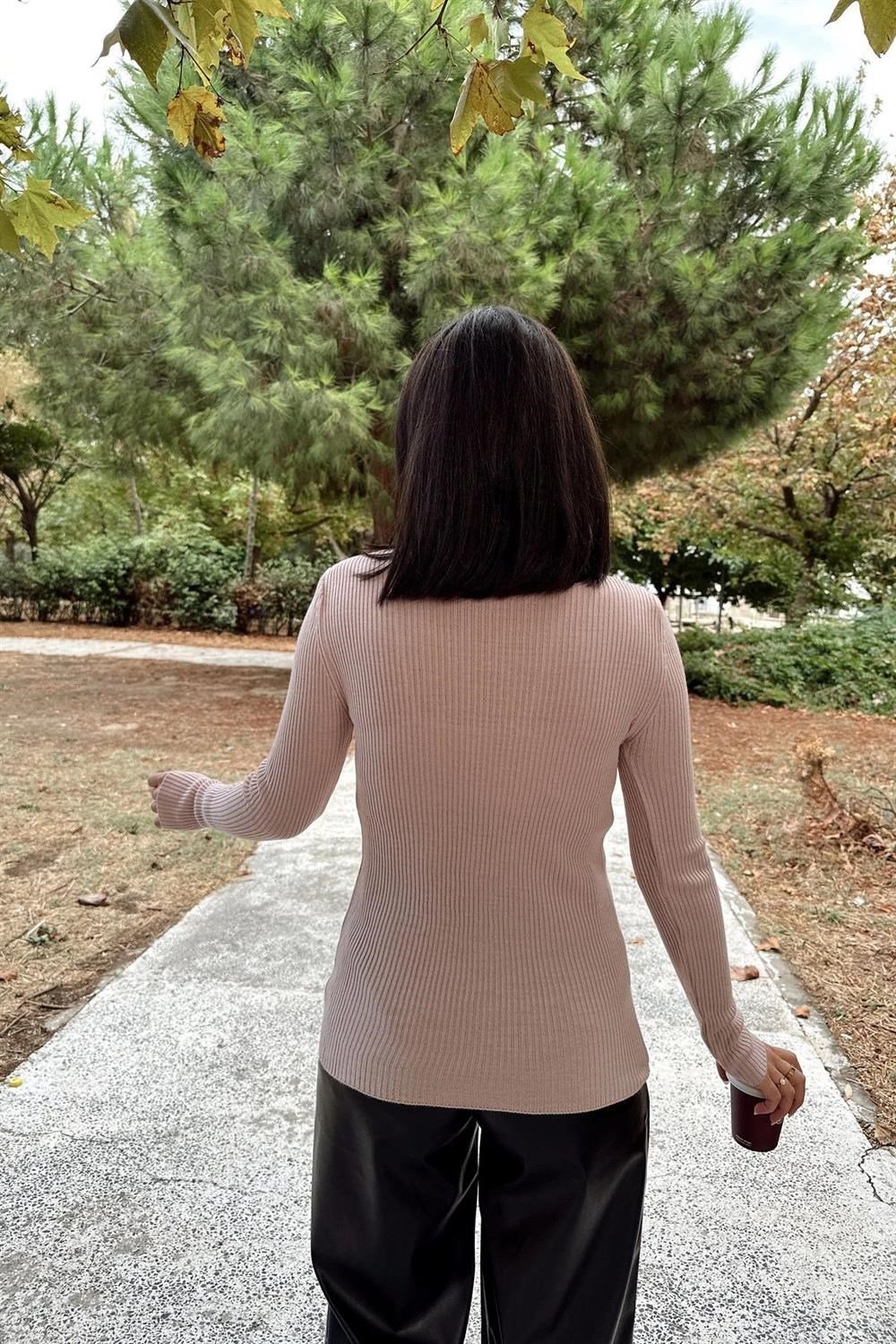 Kadın Gül Kurusu V Yaka, Uzun Kol, Vucüda Oturan Kalıp, Esnek Kumaş, Düz Desen, Triko Bluz