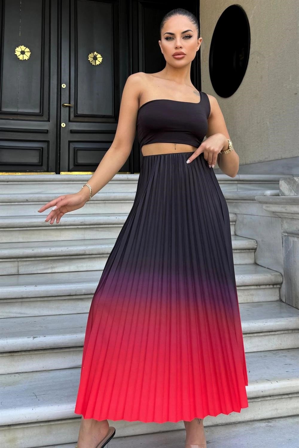 Kadın Kırmızı & Siyah Ombre Desen, Pilili Maxi Etek