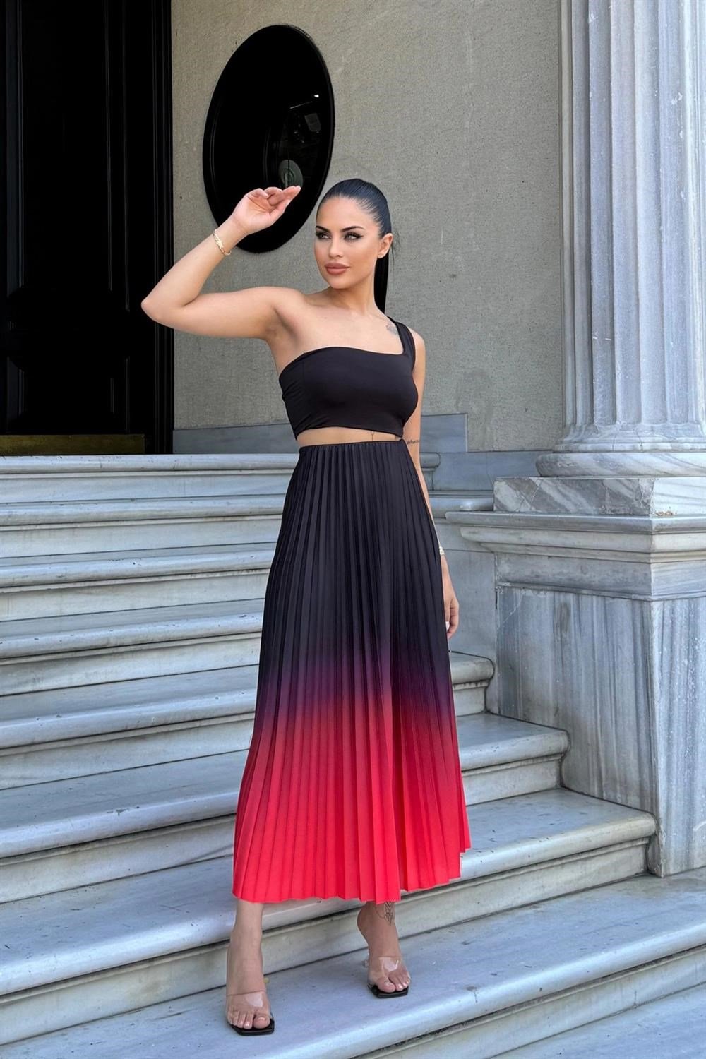 Kadın Kırmızı & Siyah Ombre Desen, Pilili Maxi Etek