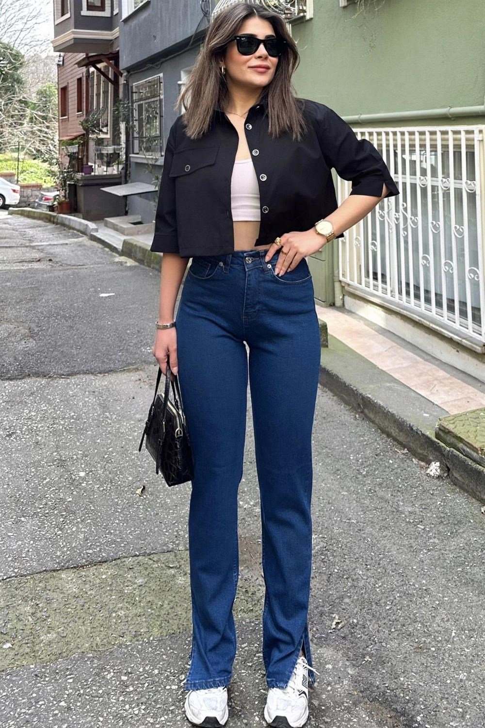Kadın Laci Yırtmaçlı Bol Paça, Yüksek Bel, Rahat Kesim, Kot Pantolon - Jeans