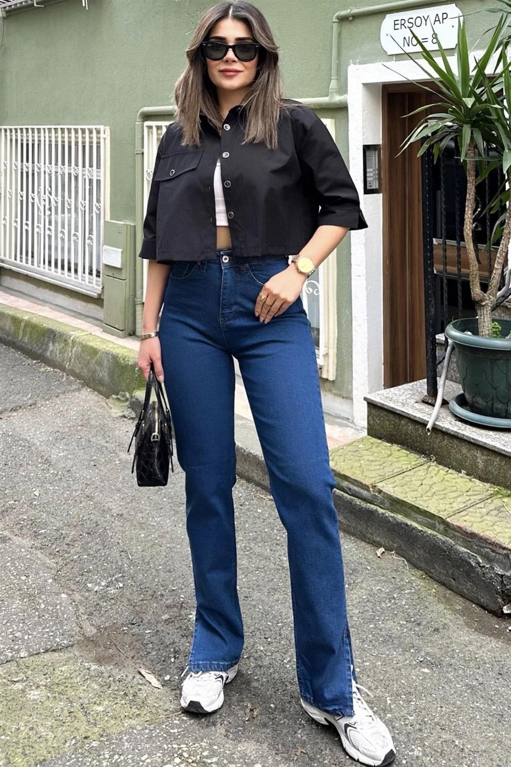 Kadın Laci Yırtmaçlı Bol Paça, Yüksek Bel, Rahat Kesim, Kot Pantolon - Jeans