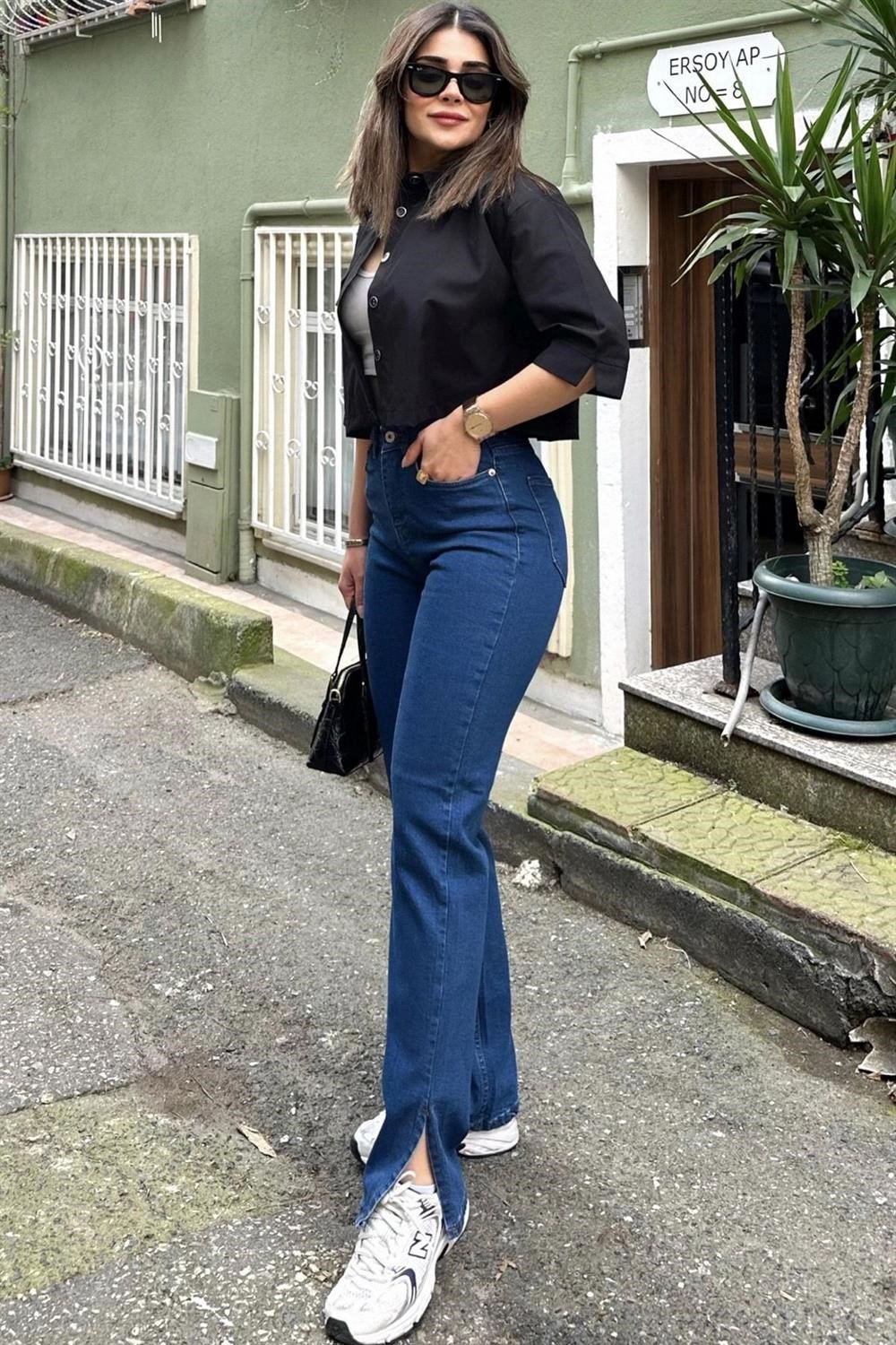Kadın Laci Yırtmaçlı Bol Paça, Yüksek Bel, Rahat Kesim, Kot Pantolon - Jeans