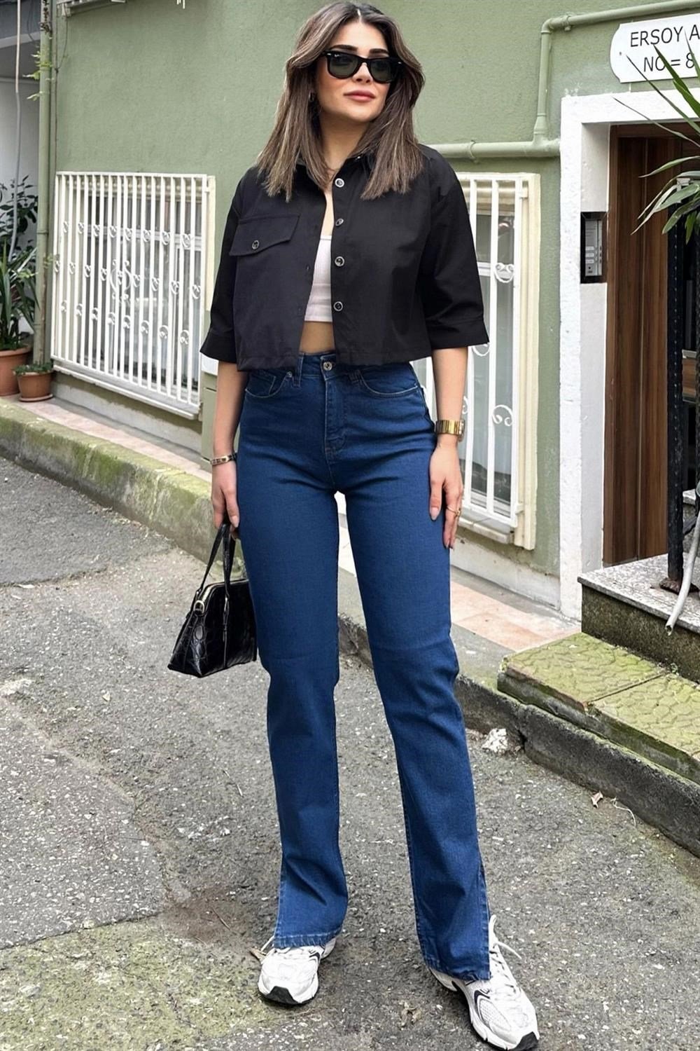 Kadın Laci Yırtmaçlı Bol Paça, Yüksek Bel, Rahat Kesim, Kot Pantolon - Jeans