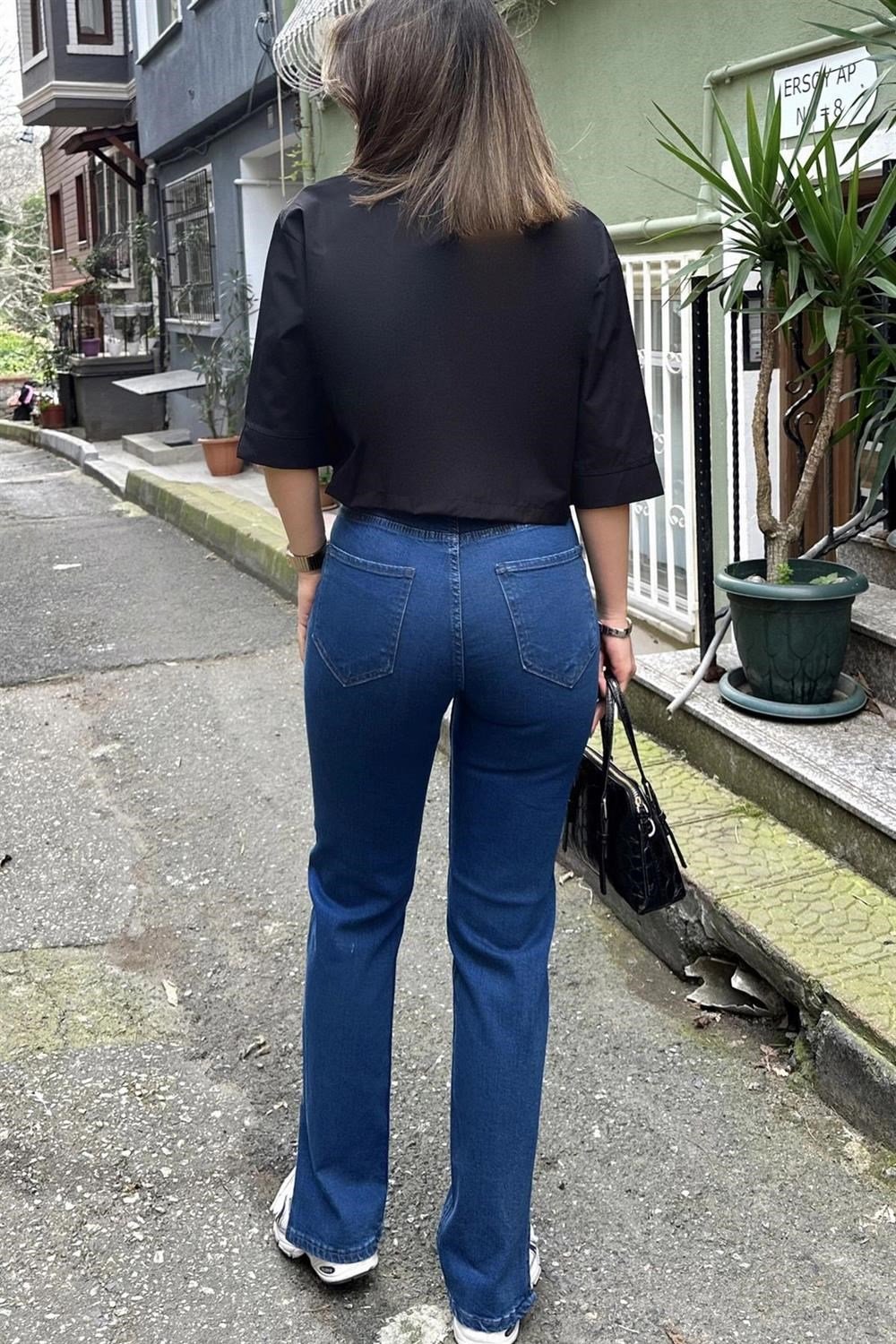 Kadın Laci Yırtmaçlı Bol Paça, Yüksek Bel, Rahat Kesim, Kot Pantolon - Jeans