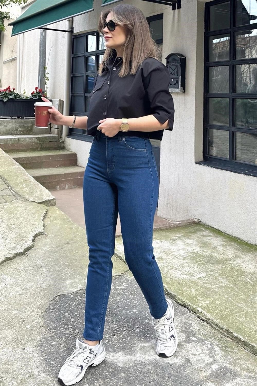 Kadın Laci Yüksek Bel, Rahat Kesim, Boru Paça, Skinny Kot Pantolon - Jeans