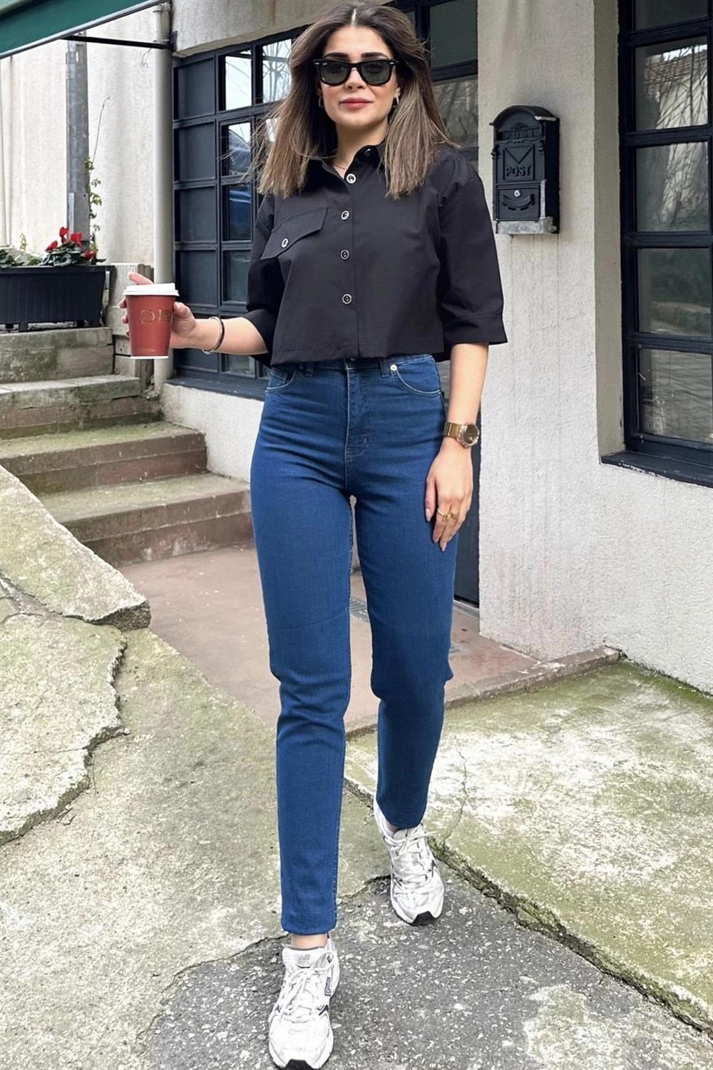 Kadın Laci Yüksek Bel, Rahat Kesim, Boru Paça, Skinny Kot Pantolon - Jeans