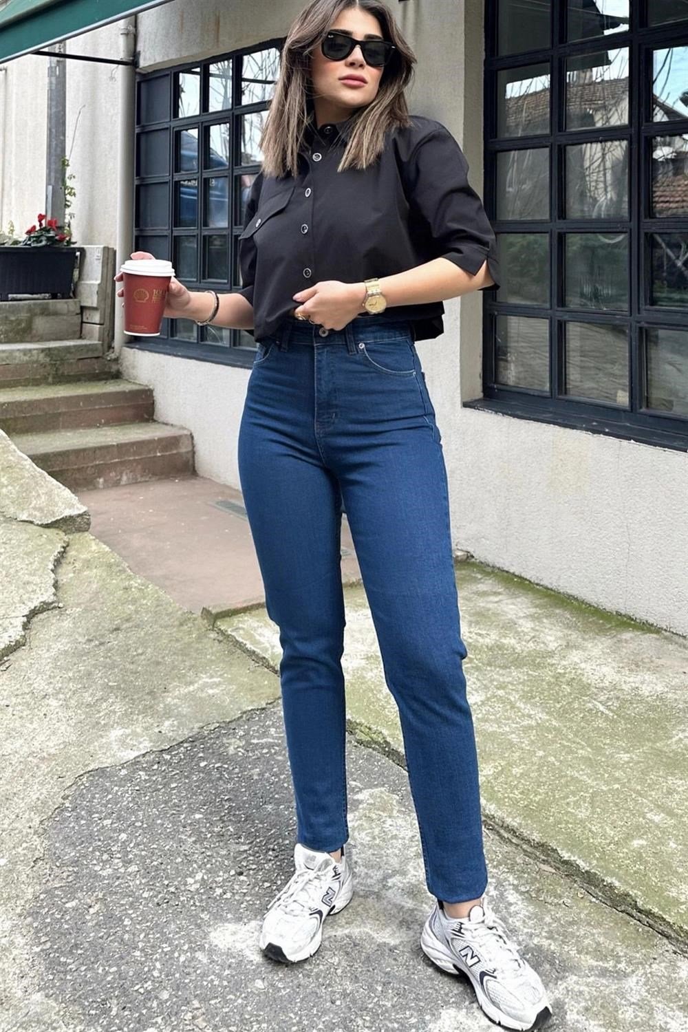 Kadın Laci Yüksek Bel, Rahat Kesim, Boru Paça, Skinny Kot Pantolon - Jeans