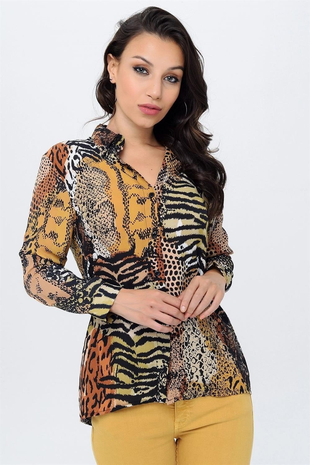 Kadın Leopar Desen Klasik Yaka, Uzun Kol, Çiçek Desenli, Regular Kesim, Standart Boy Gömlek