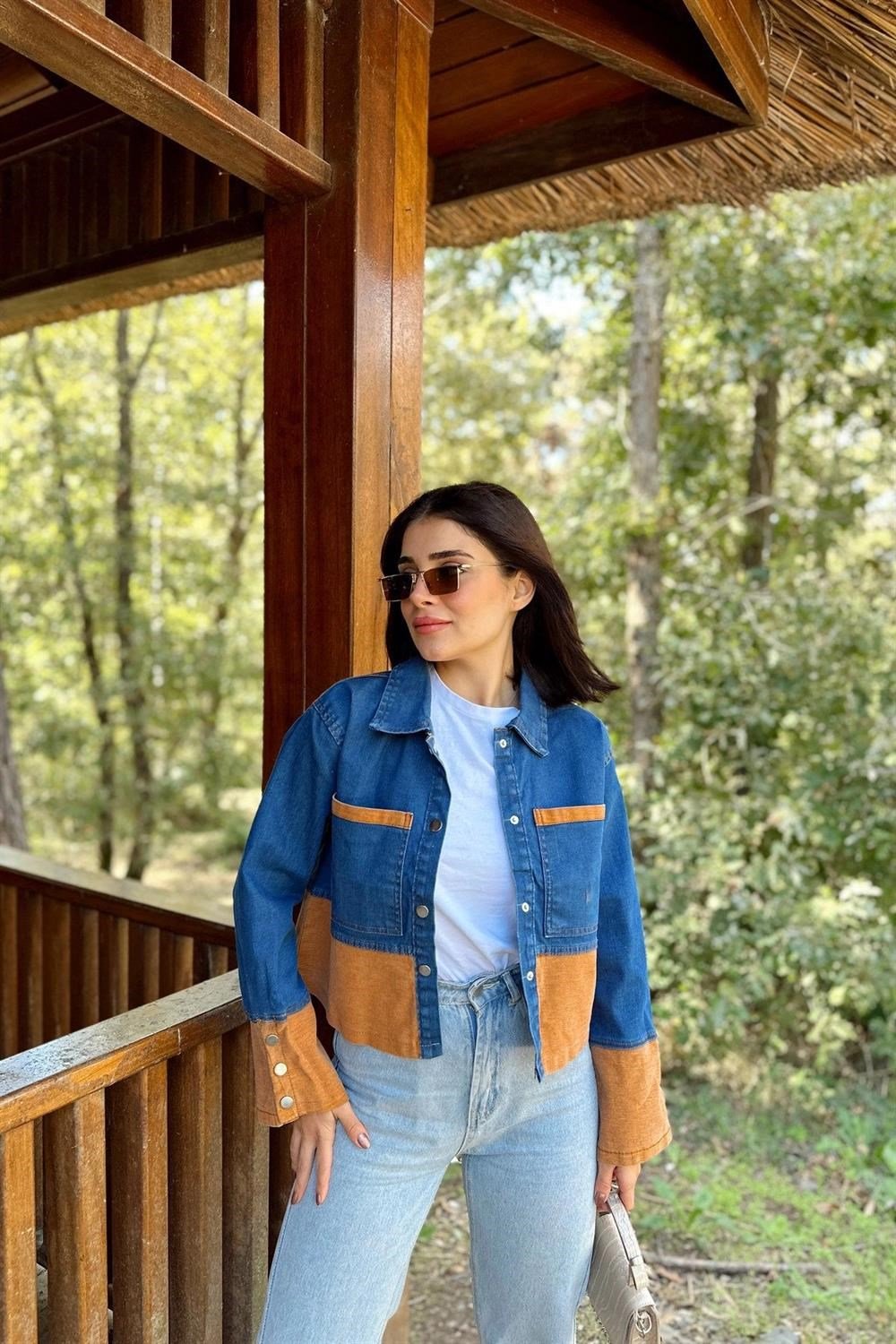 Kadın Mavi & Turuncu Denim Kontrast Çift Renk Detay, Ön Düğmeli Manşetli, Kot Ceket