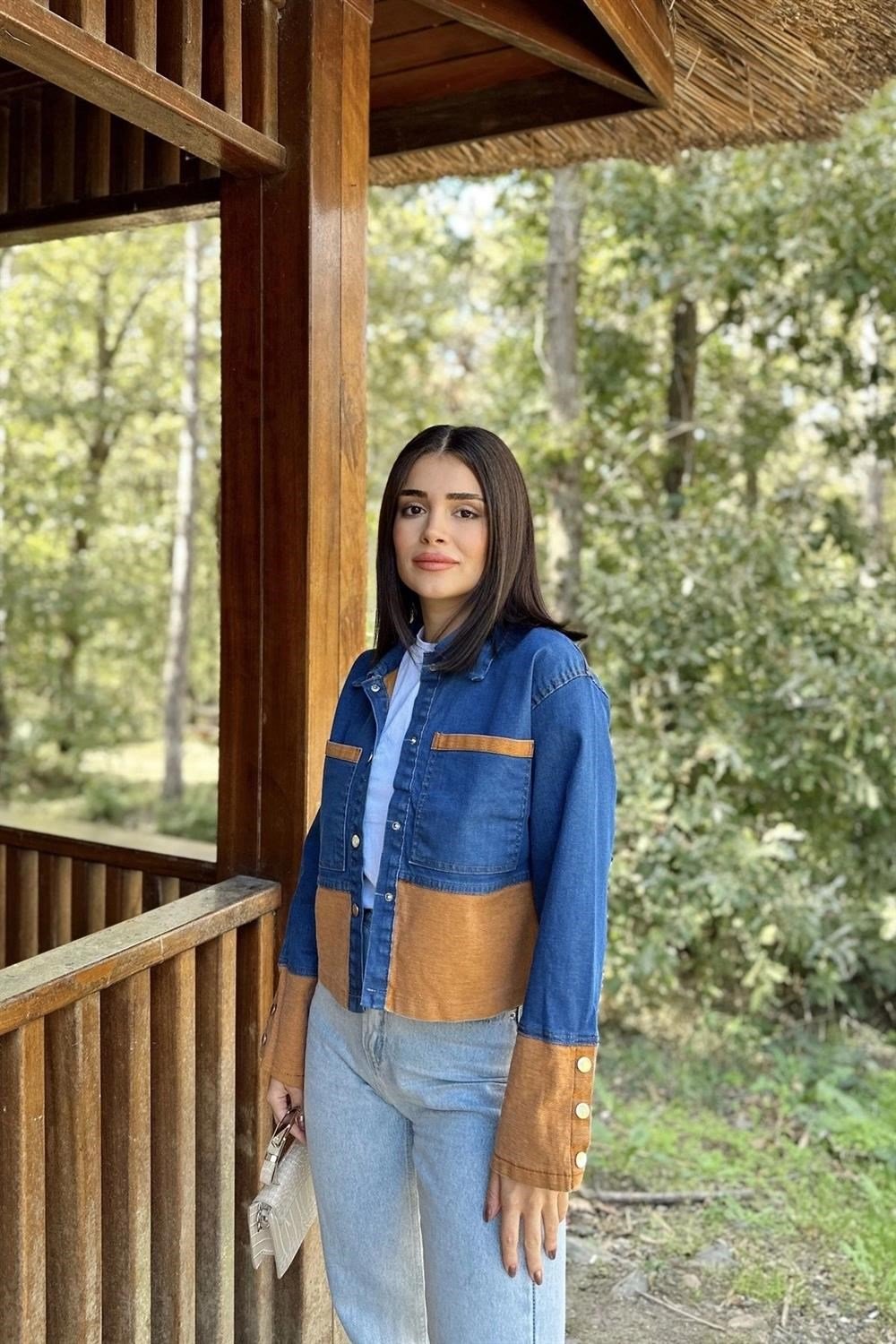 Kadın Mavi & Turuncu Denim Kontrast Çift Renk Detay, Ön Düğmeli Manşetli, Kot Ceket