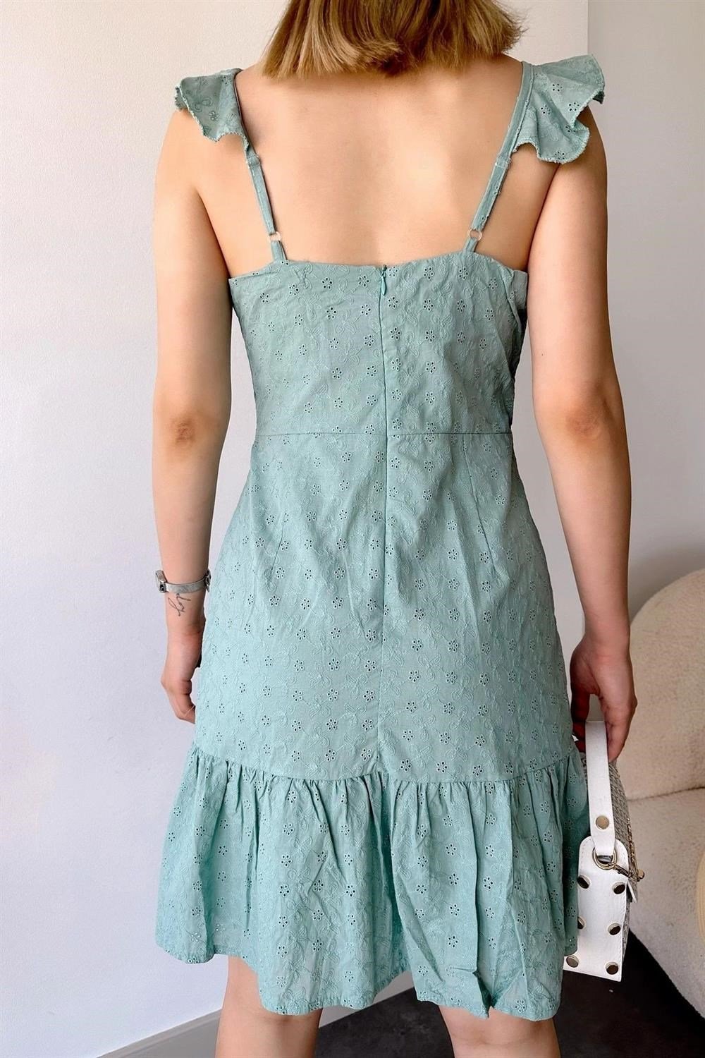 Kadın Mint İnce Askılı, Kare Yaka, Dantel/Güpür Desen, A-line Kalıp/Kesim, Midi Fisto Elbise