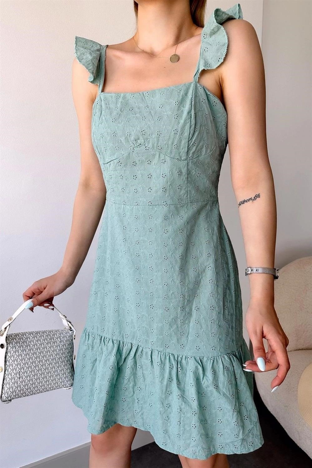 Kadın Mint İnce Askılı, Kare Yaka, Dantel/Güpür Desen, A-line Kalıp/Kesim, Midi Fisto Elbise