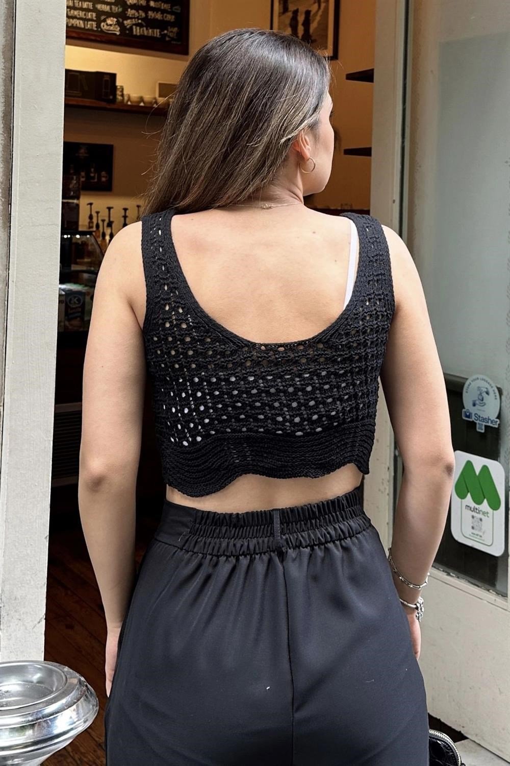 Kadın Siyah Ajurlu Merserize Triko Örme, Terletmez, Askılı Crop Bluz