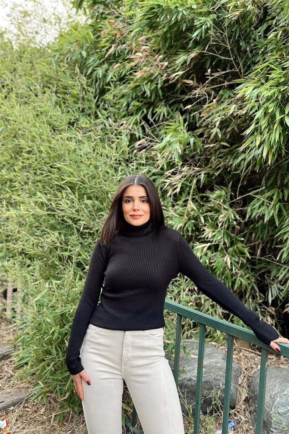 Kadın Siyah Boğazlı Yaka, Uzun Kol, Vucüda Oturan Kalıp, Esnek Kumaş, Düz Desen, Triko Bluz