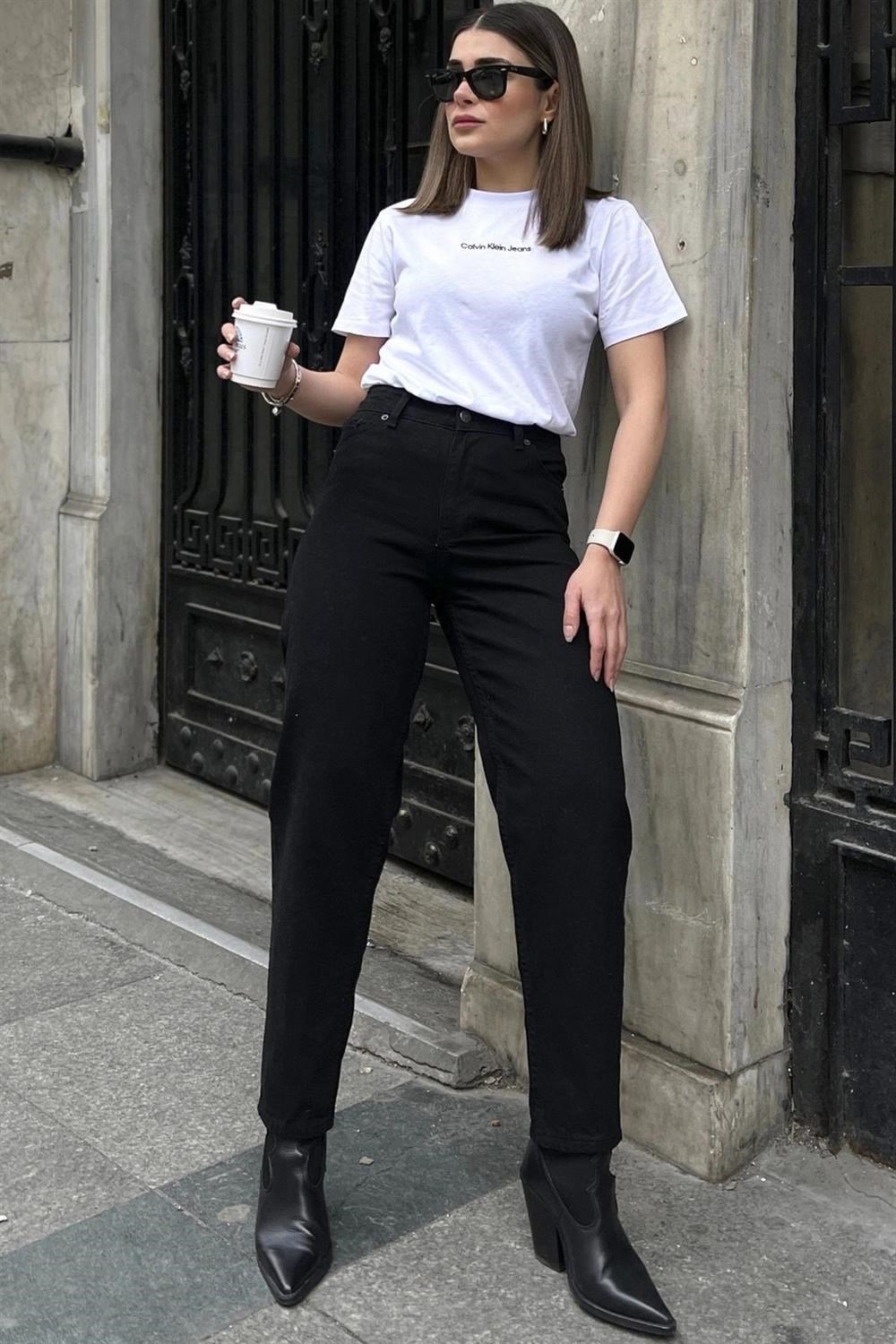 Kadın Siyah Yüksek Bel, Rahat Kesim, Boru Paça, Skinny Kot Pantolon - Jeans