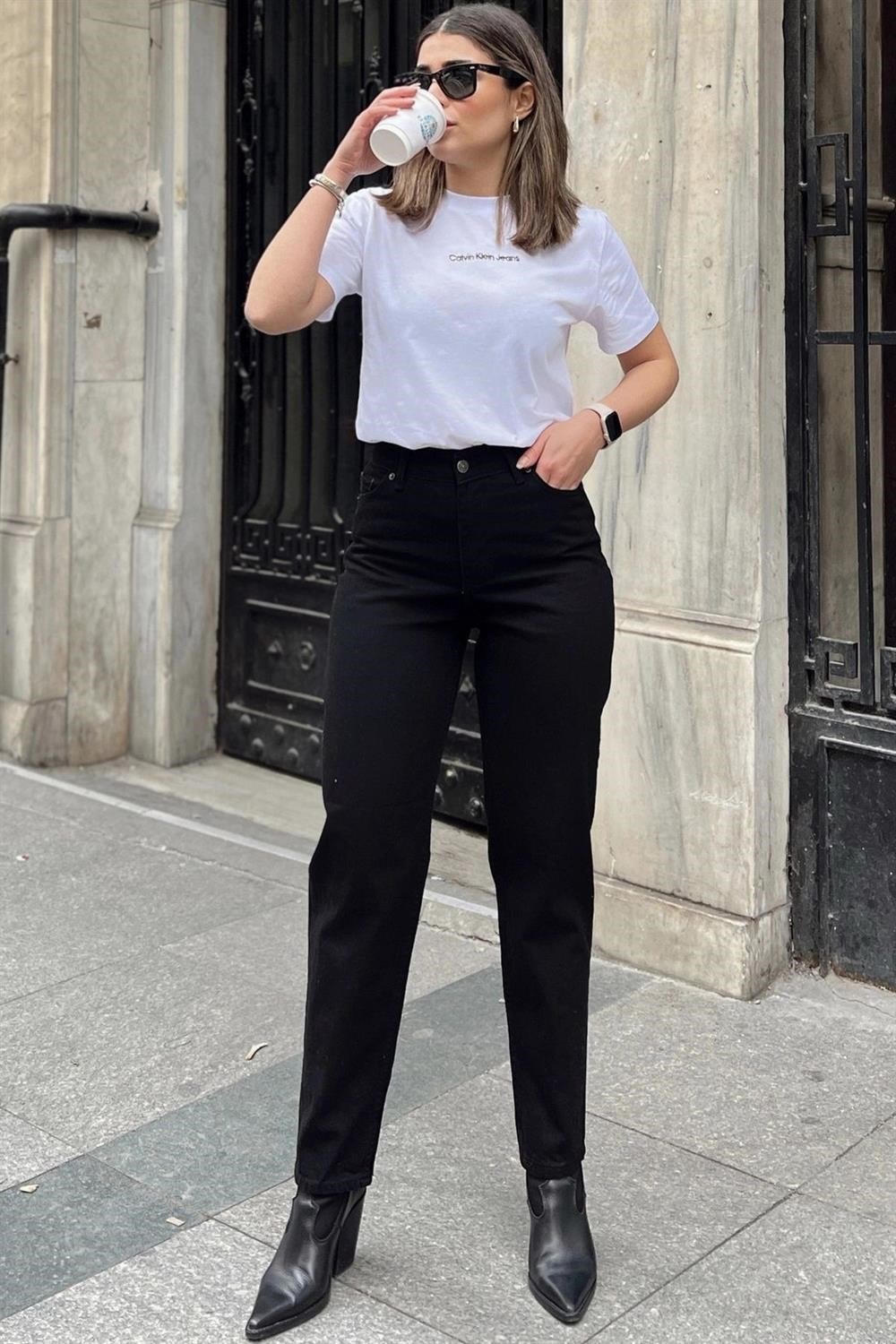 Kadın Siyah Yüksek Bel, Rahat Kesim, Boru Paça, Skinny Kot Pantolon - Jeans