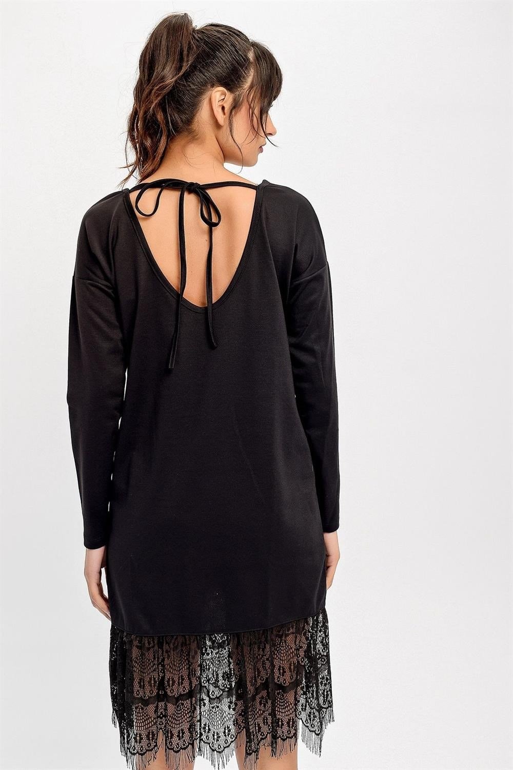 Kadın Siyah Yuvarlak Yaka Dantel Detaylı Uzun Kollu Yumuşak Dokulu Midi Boy Diz üstü Elbise