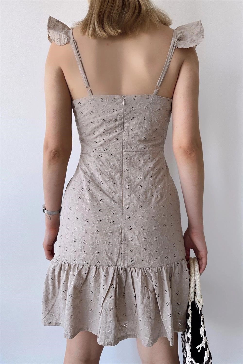 Kadın Taş İnce Askılı, Kare Yaka, Dantel/Güpür Desen, A-line Kalıp/Kesim, Midi Fisto Elbise