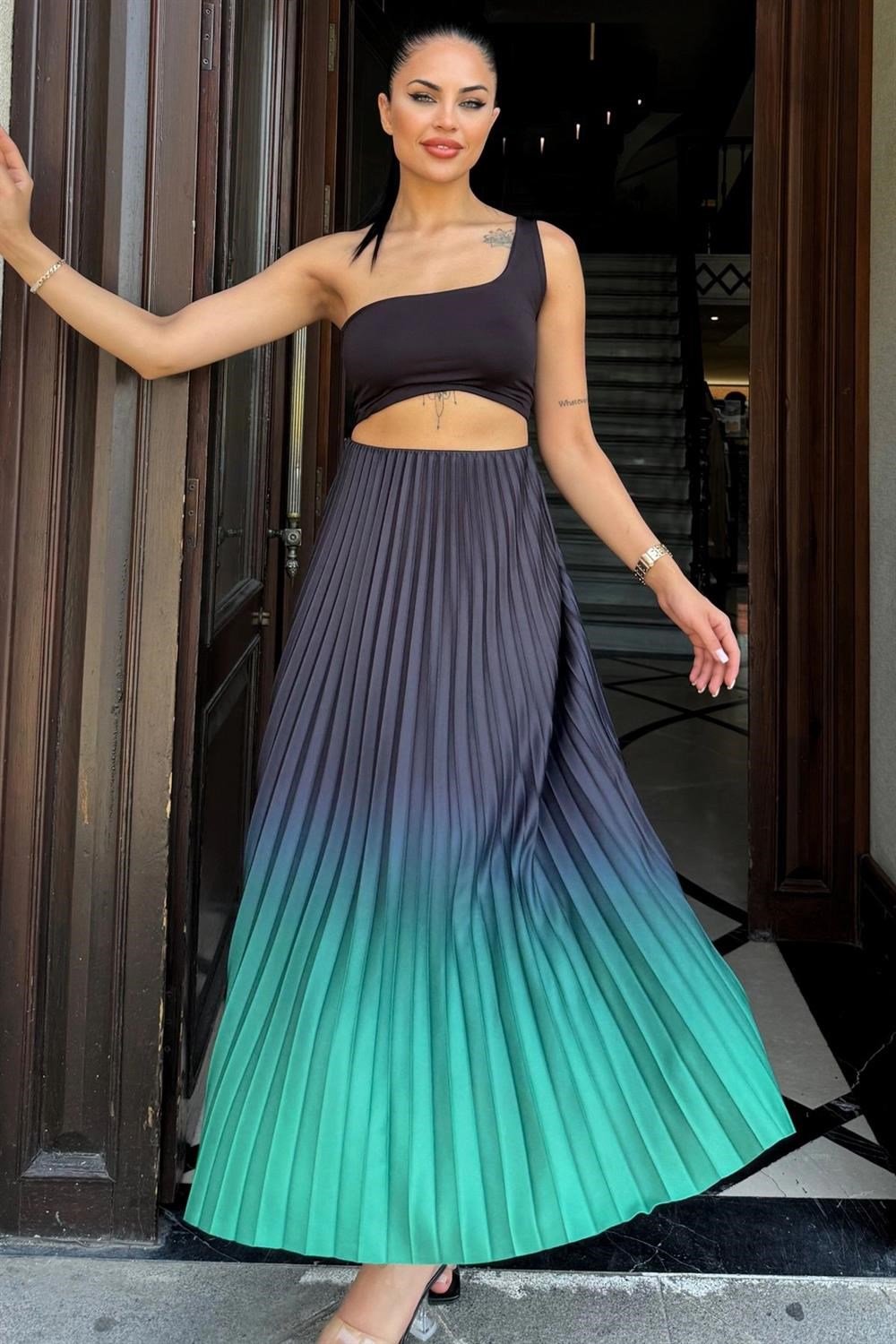 Kadın Yeşil & Siyah Ombre Desen, Pilili Maxi Etek