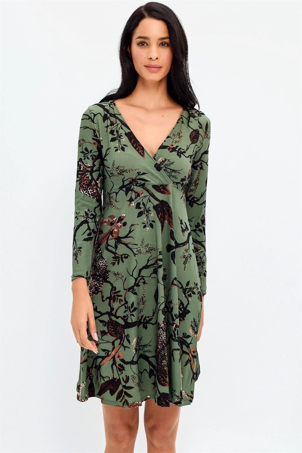 Kadın Yeşil Desenli Truvakar Kol Kloş Midi Boy, Diz üstü Ofis ve Günlük Model Elbise