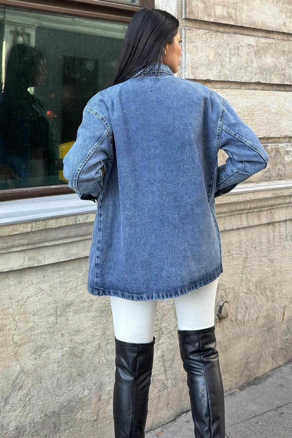 Kar Yıkama Geniş Cepli, Düğme Detaylı, Oversize Kot Ceket Gömlek
