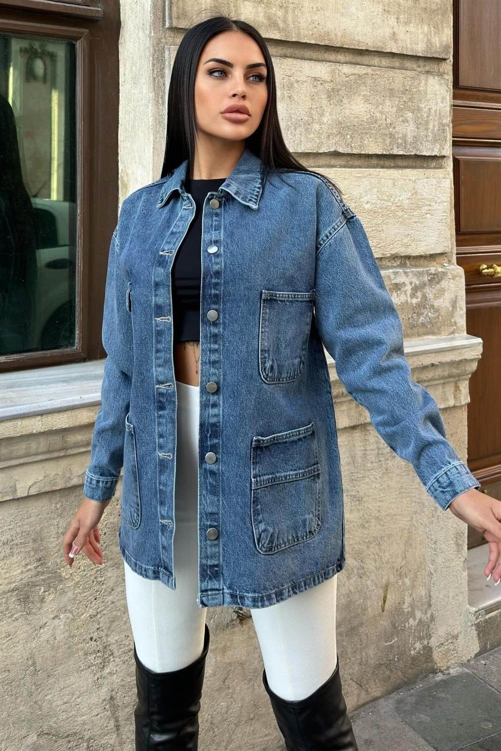 Kar Yıkama Geniş Cepli, Düğme Detaylı, Oversize Kot Ceket Gömlek
