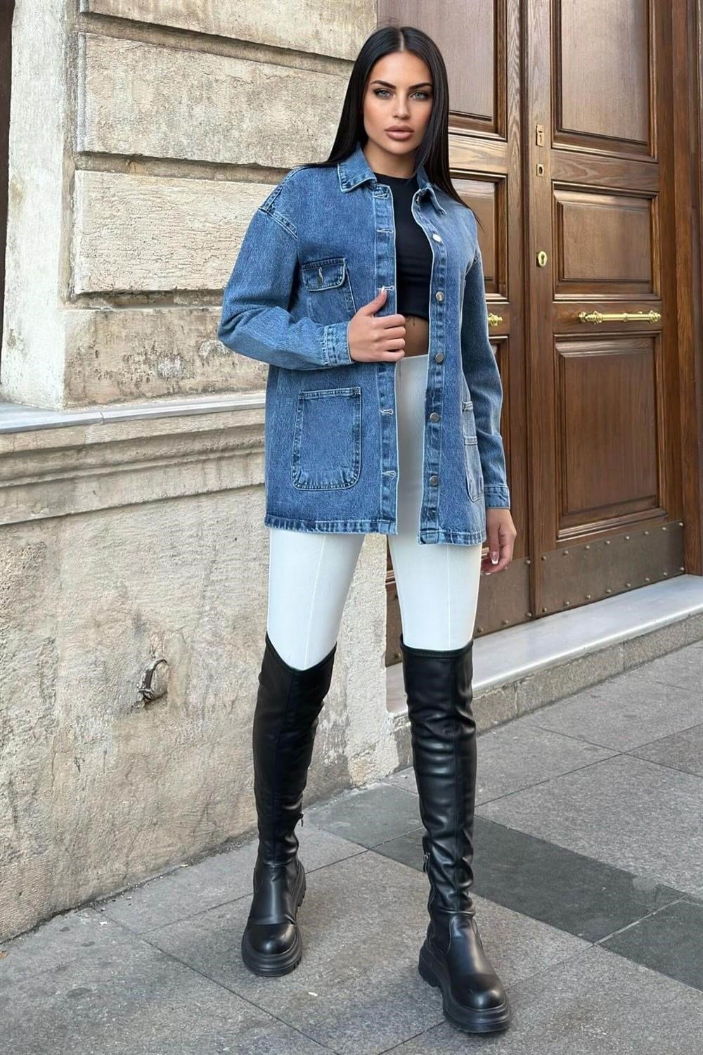 Kar Yıkama Geniş Cepli, Düğme Detaylı, Oversize Kot Ceket Gömlek