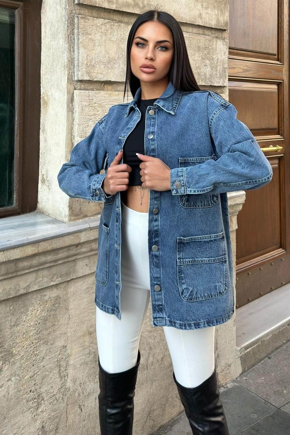 Kar Yıkama Geniş Cepli, Düğme Detaylı, Oversize Kot Ceket Gömlek