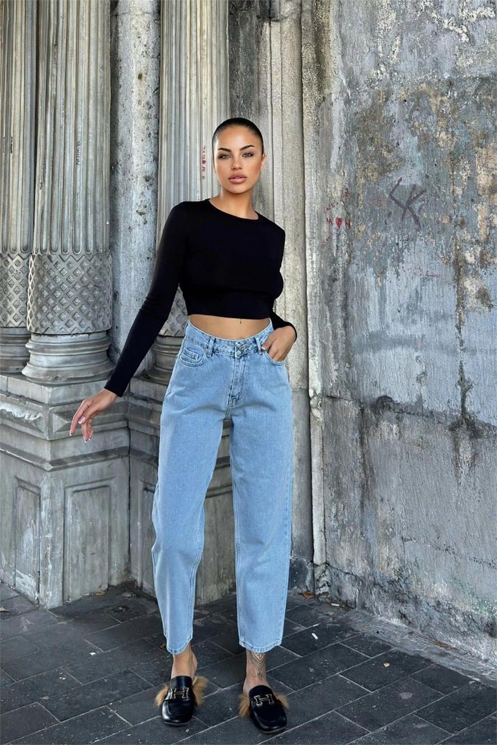 Kar Yıkama Mavi Yüksek Bel, Mom Jean Kot Pantolon