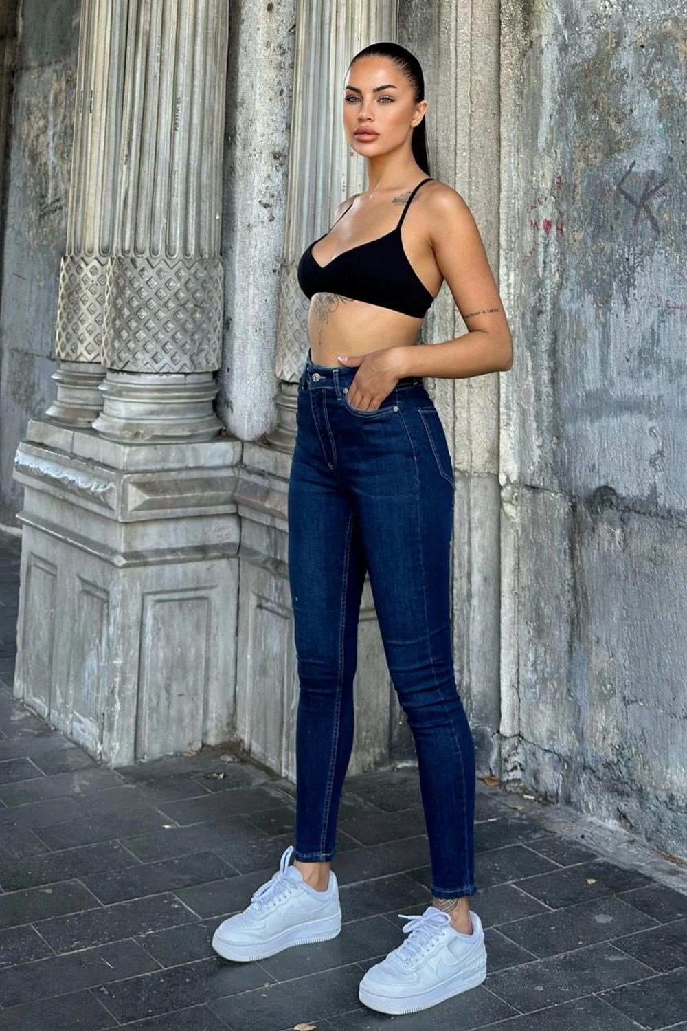 Koyu Mavi Yüksek Bel, Dar Paça, Skinny Jean Kot Pantolon