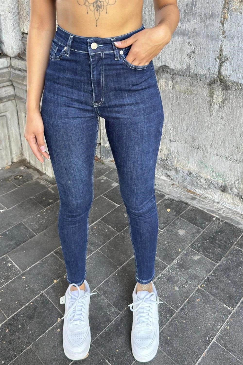 Koyu Mavi Yüksek Bel, Dar Paça, Skinny Jean Kot Pantolon
