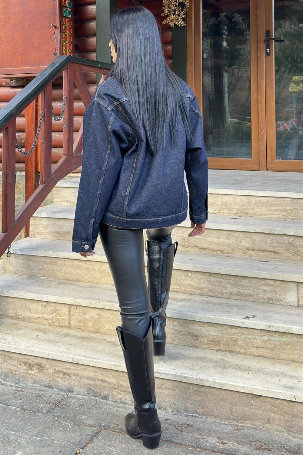Lacivert Denim Color, Apaş Yaka, Çift Cepli, Kaliteli Jeans Kumaş, Salaş Kot Ceket