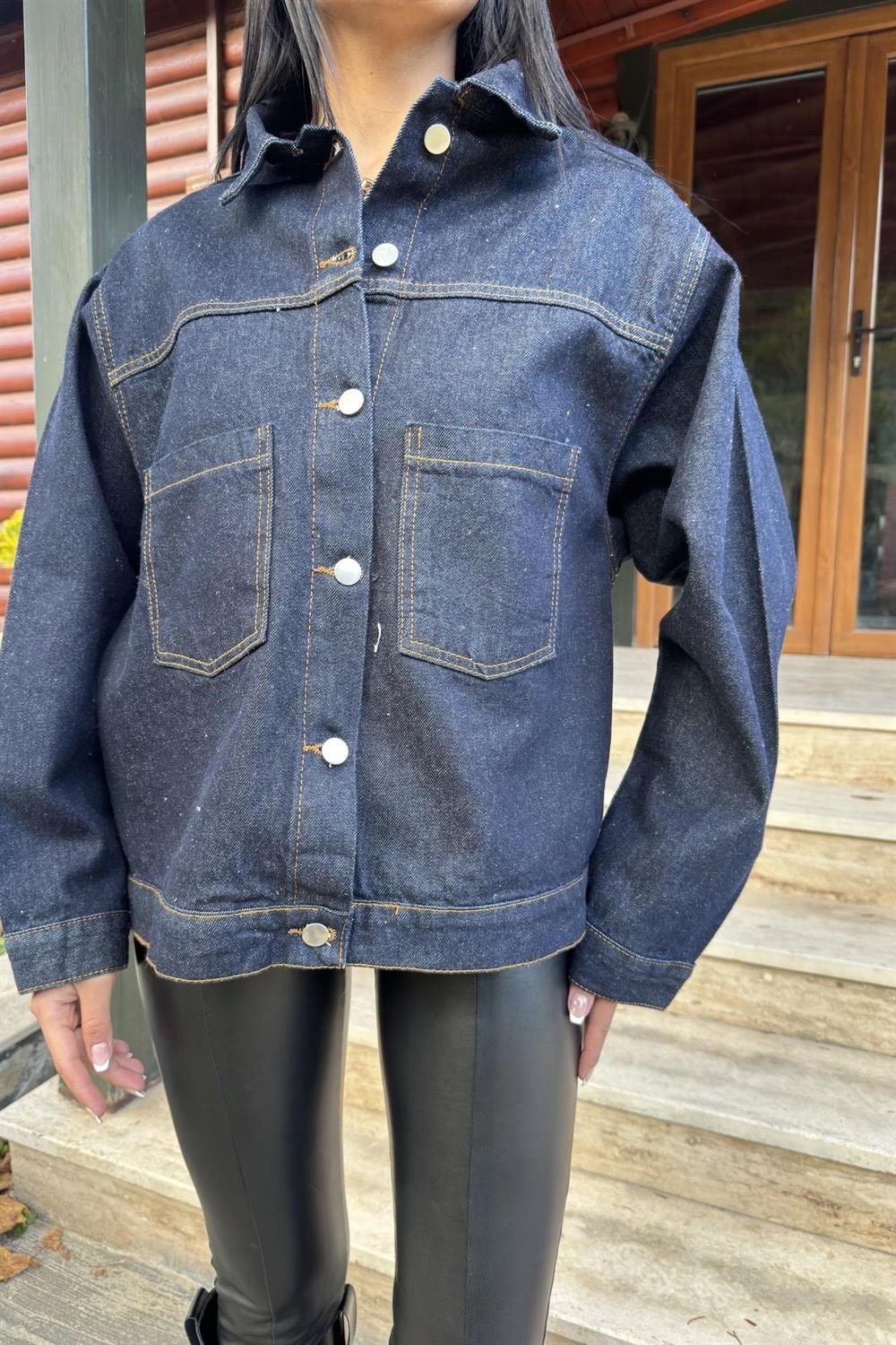 Lacivert Denim Color, Apaş Yaka, Çift Cepli, Kaliteli Jeans Kumaş, Salaş Kot Ceket