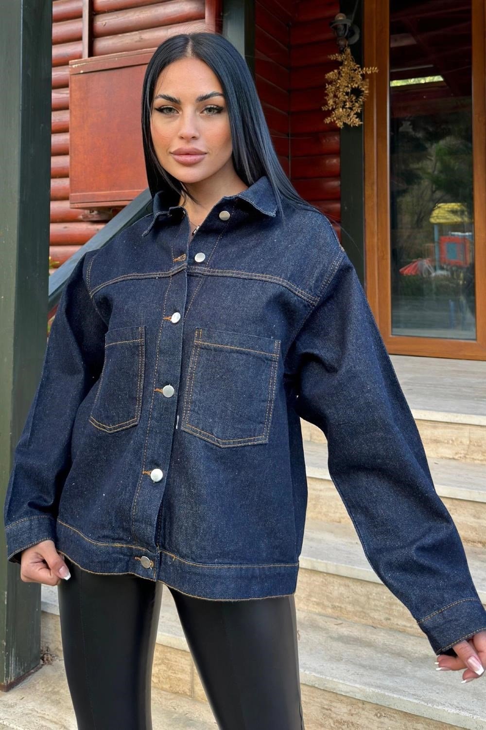 Lacivert Denim Color, Apaş Yaka, Çift Cepli, Kaliteli Jeans Kumaş, Salaş Kot Ceket