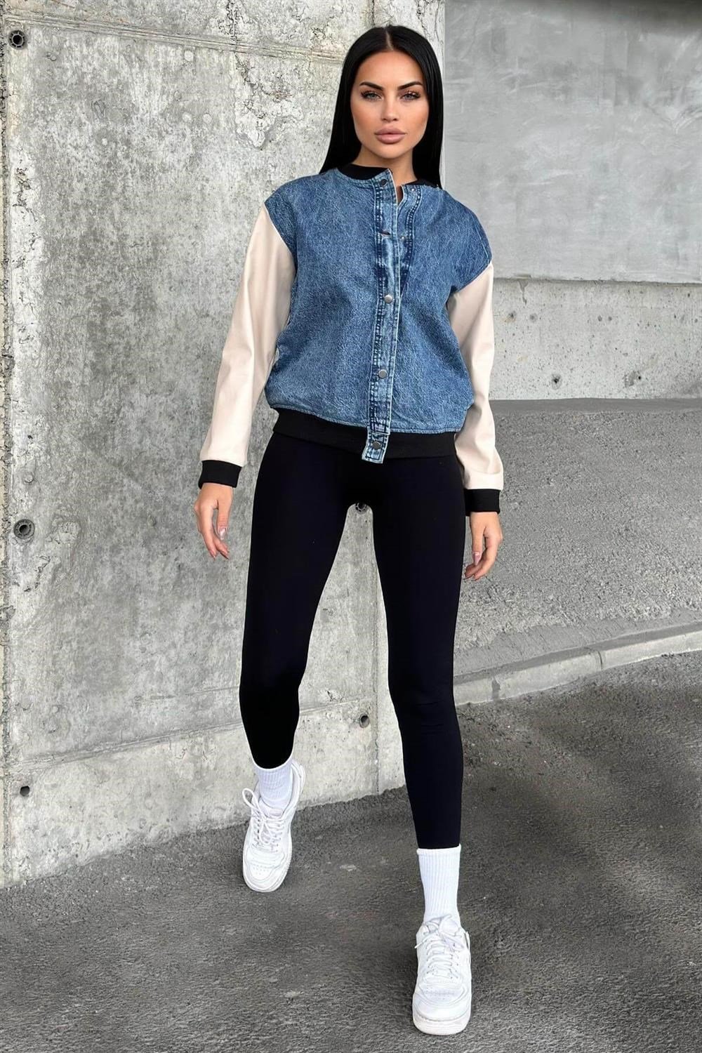 Mavi Denim Kolları Deri Ve Lastik Detaylı, Çıtçıtlı, Renk Bloklu, Bomber Kot Ceket