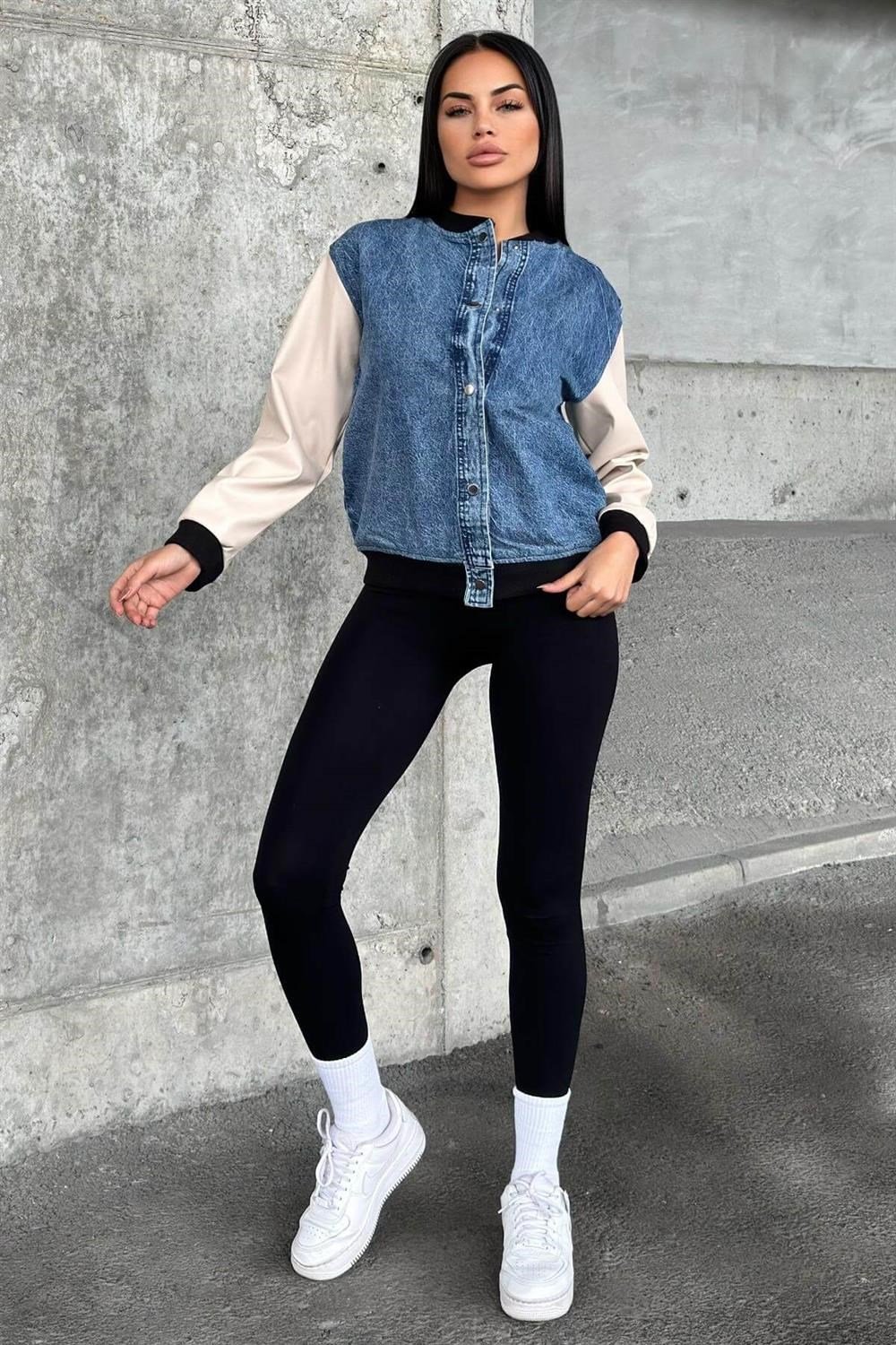 Mavi Denim Kolları Deri Ve Lastik Detaylı, Çıtçıtlı, Renk Bloklu, Bomber Kot Ceket