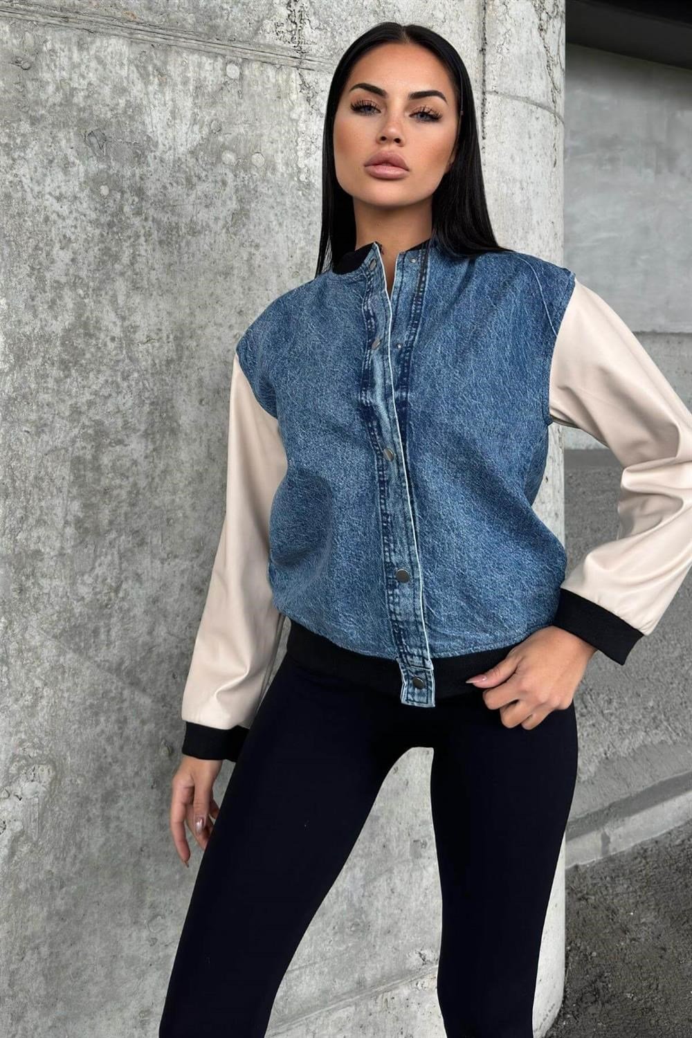 Mavi Denim Kolları Deri Ve Lastik Detaylı, Çıtçıtlı, Renk Bloklu, Bomber Kot Ceket