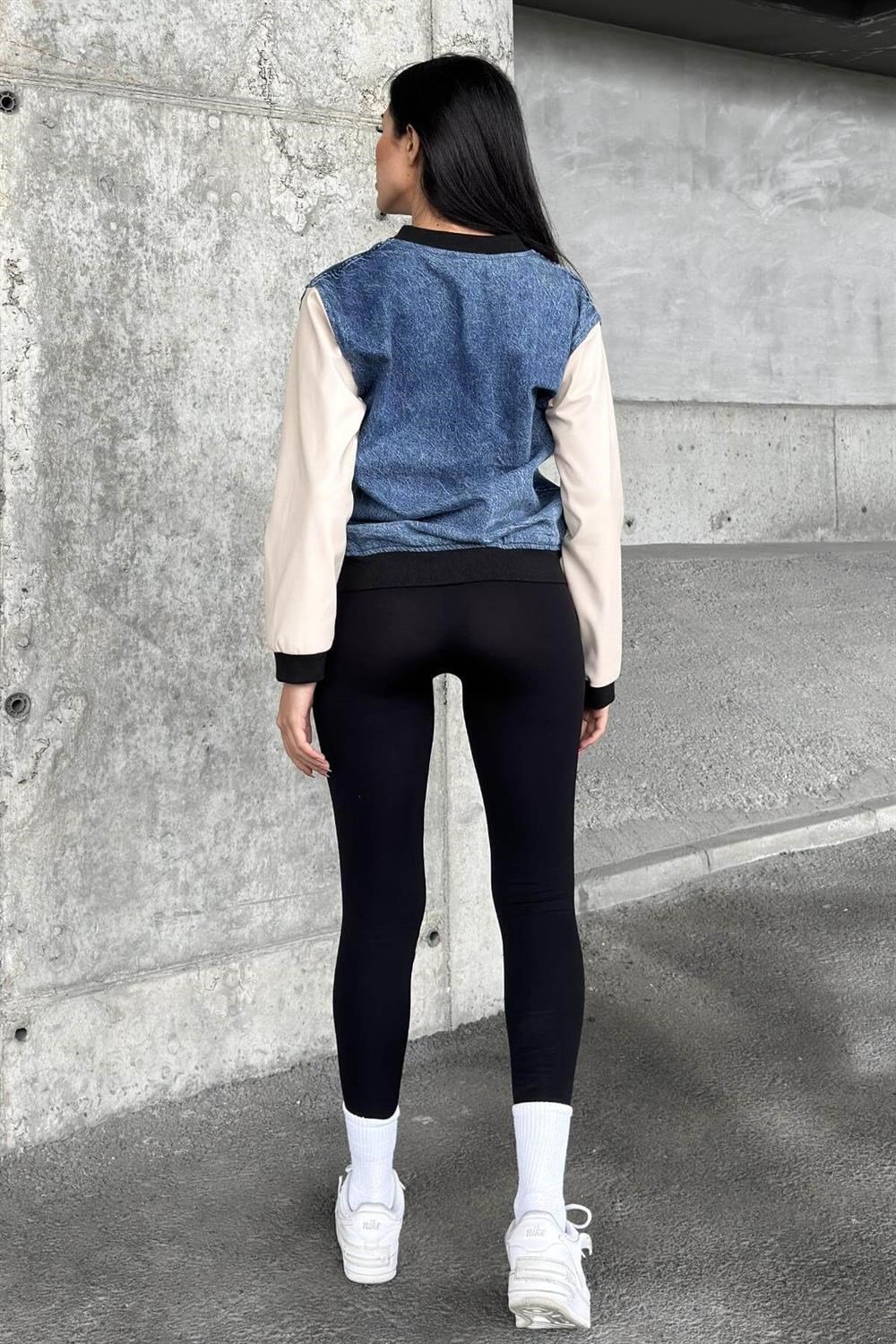 Mavi Denim Kolları Deri Ve Lastik Detaylı, Çıtçıtlı, Renk Bloklu, Bomber Kot Ceket