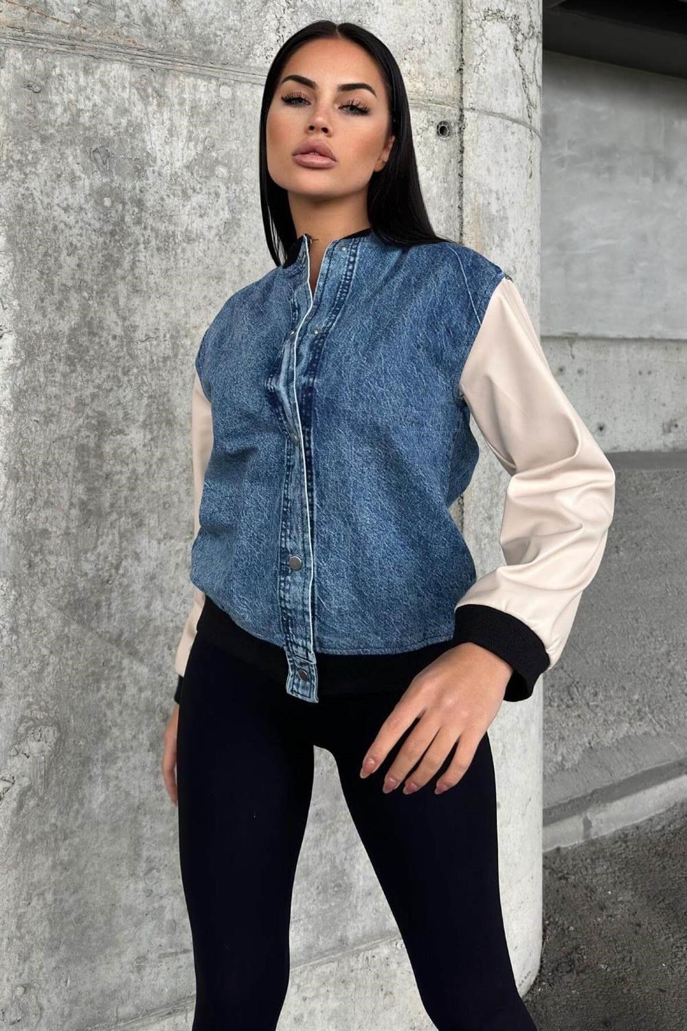 Mavi Denim Kolları Deri Ve Lastik Detaylı, Çıtçıtlı, Renk Bloklu, Bomber Kot Ceket