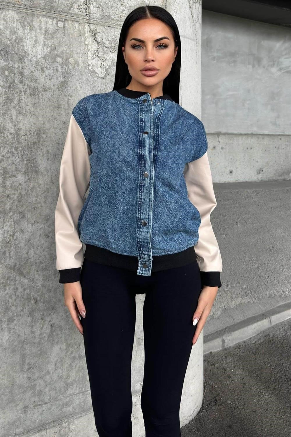 Mavi Denim Kolları Deri Ve Lastik Detaylı, Çıtçıtlı, Renk Bloklu, Bomber Kot Ceket