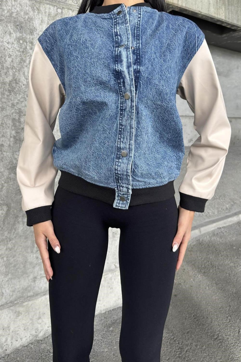 Mavi Denim Kolları Deri Ve Lastik Detaylı, Çıtçıtlı, Renk Bloklu, Bomber Kot Ceket