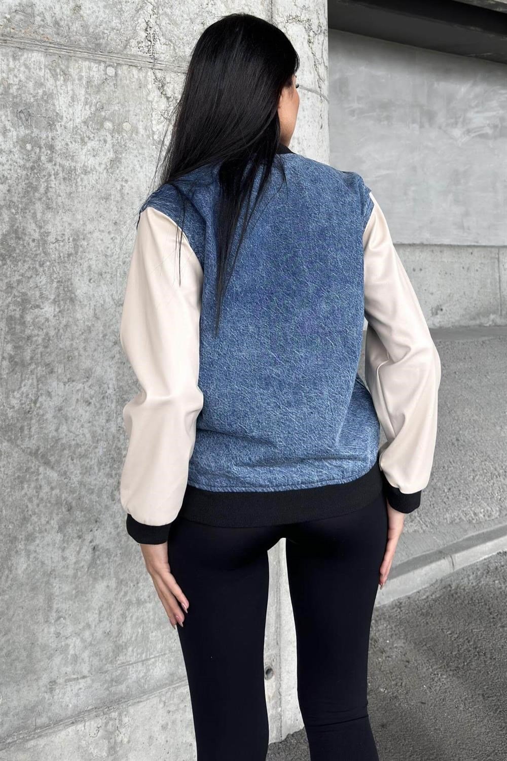 Mavi Denim Kolları Deri Ve Lastik Detaylı, Çıtçıtlı, Renk Bloklu, Bomber Kot Ceket
