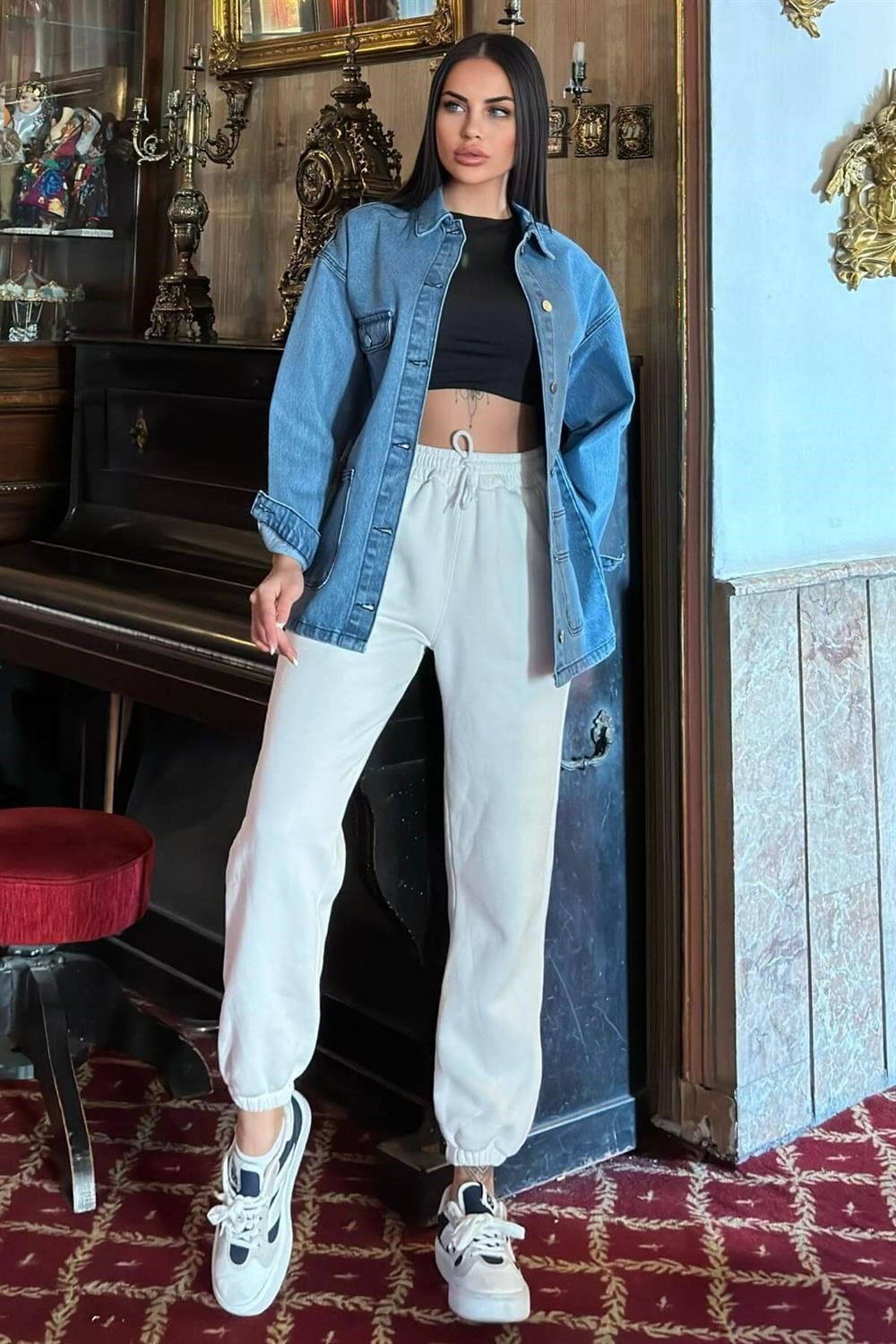 Mavi Geniş Cepli, Düğme Detaylı, Oversize Kot Ceket Gömlek